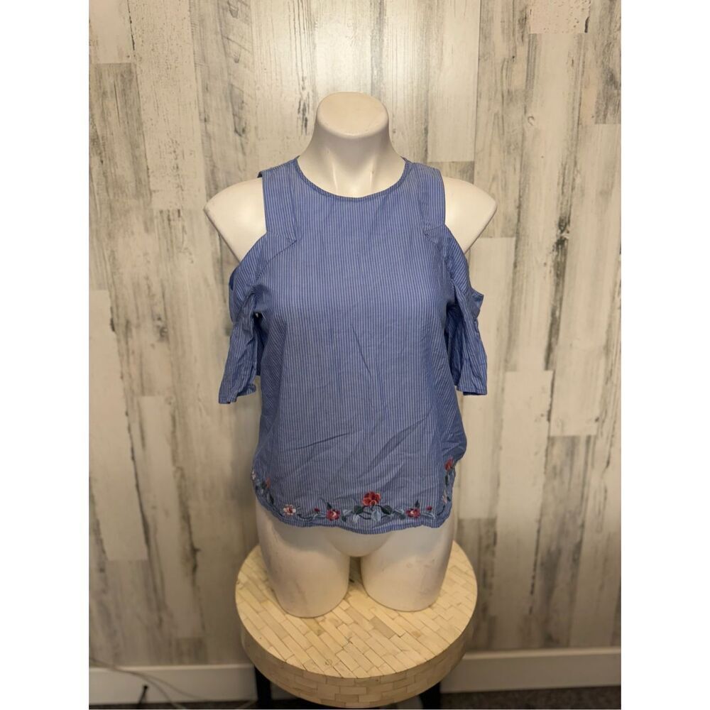 Express Blue Striped Cold Shoulder Top XS Embroidered Floral Blouse Ruffle Sleev